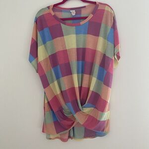 Women's T-Shirt 2XL Multicolor‎ Checkerd Twist Round-Neck Short Sleeve Pullover